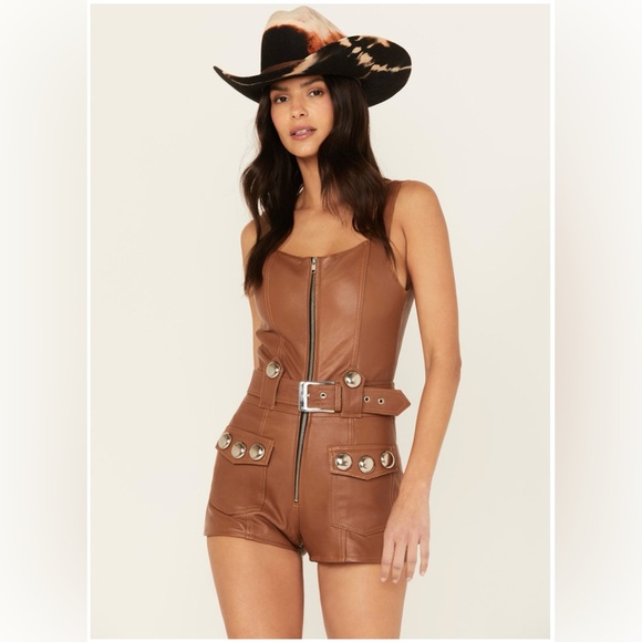 Brown Faux Leather Strapless Romper with Belted Waist